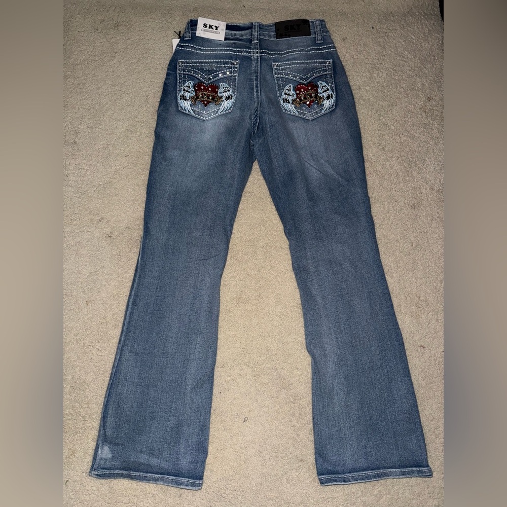 Sky Women's Flare Jeans with Embellished Pockets